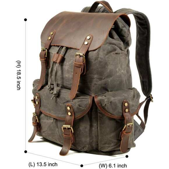 ✨ Men Brown Leather Backpack Waxed Canvas Shoulder Rucksack Travel Backpack - Picture 2 of 9